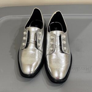 Silver Metallic Loafers with Pearl Details size 7